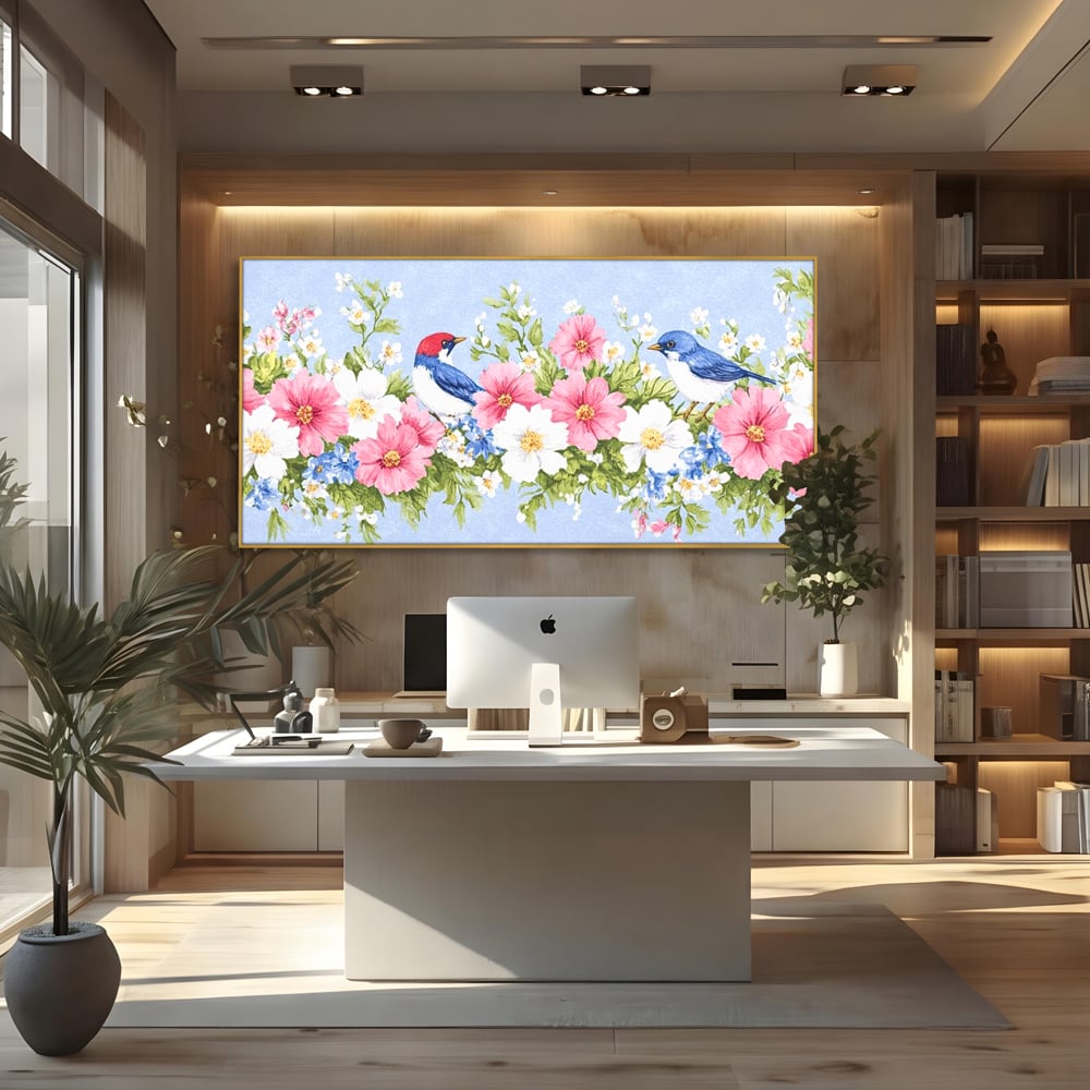 Tablou Canvas Premium, LuxCanva® M1029, Gradina cu Triluri Colorate, Lemn, Flori, Pastel, Pasari, Primavara, Pereche, Relaxare, Poezie, Birou, Living, Camera Copii