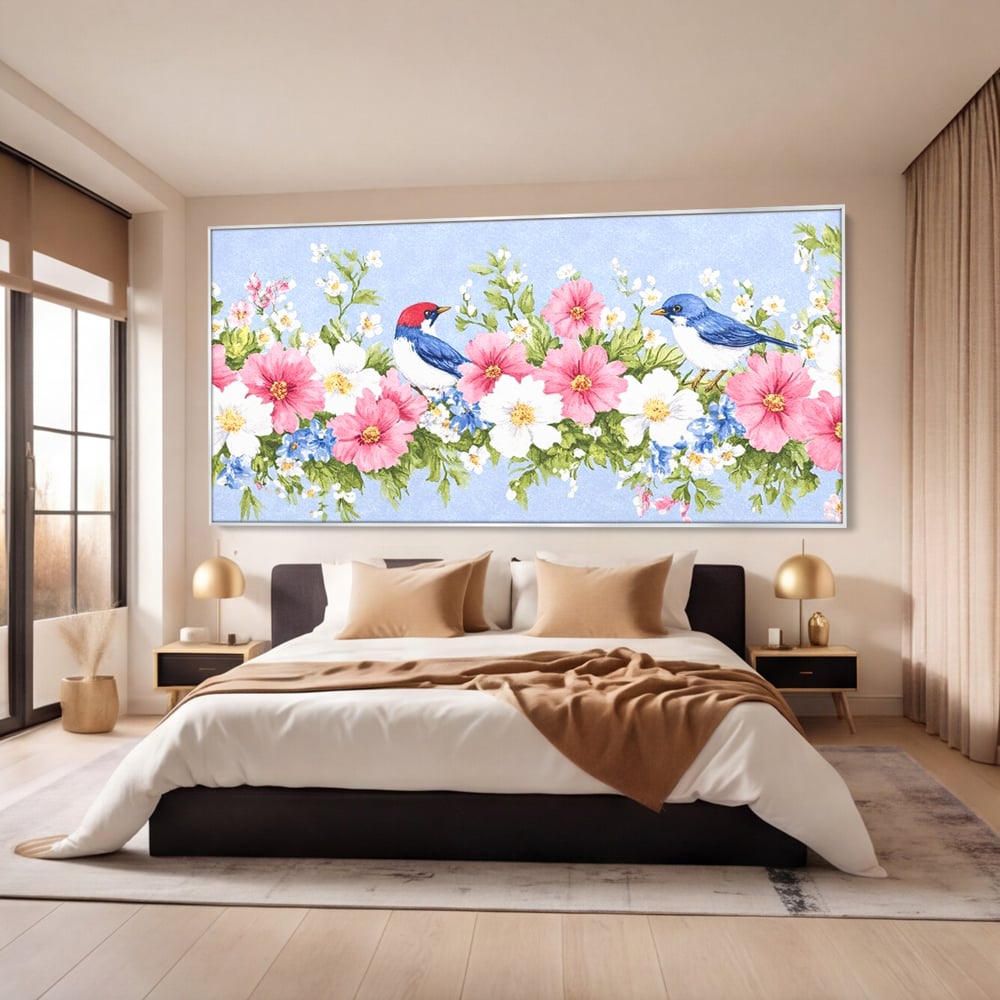 Tablou Canvas Premium, LuxCanva® M1029, Gradina cu Triluri Colorate, Lemn, Flori, Pastel, Pasari, Primavara, Pereche, Relaxare, Poezie, Birou, Living, Camera Copii