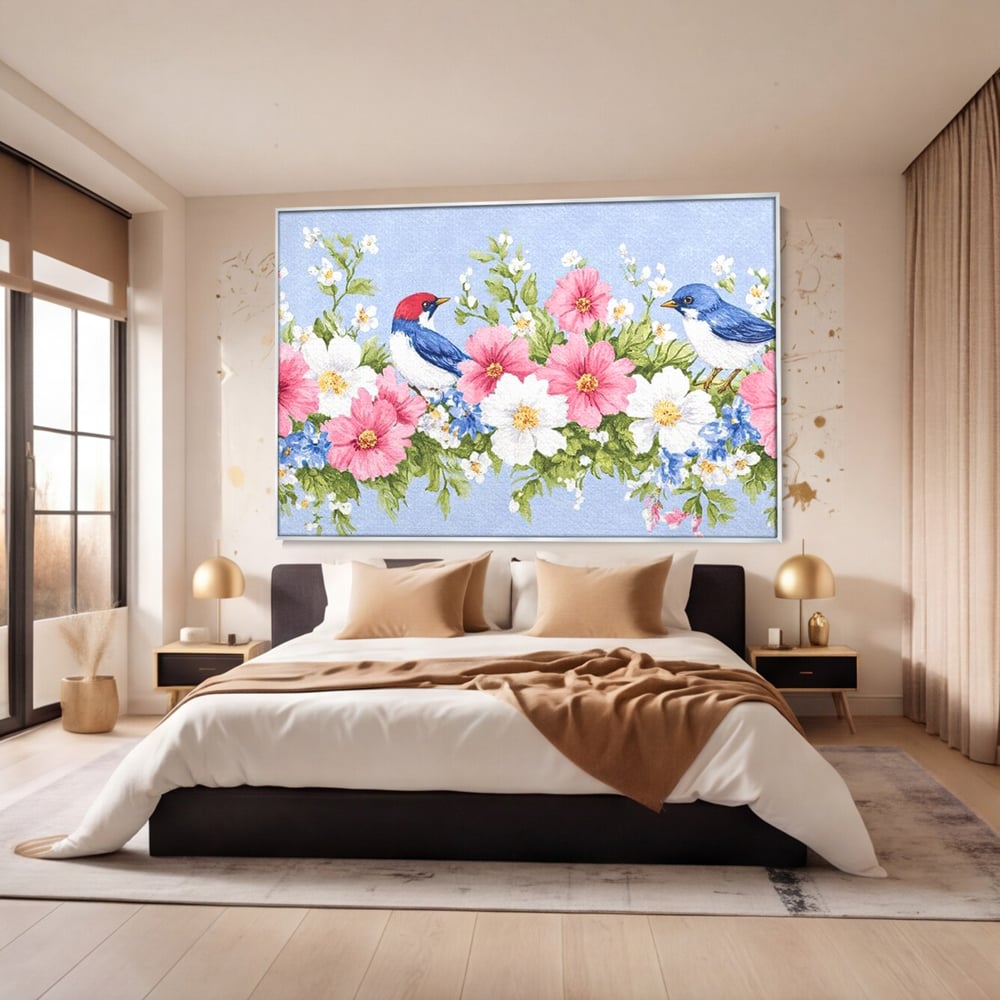 Tablou Canvas Premium, LuxCanva® M1029, Gradina cu Triluri Colorate, Lemn, Flori, Pastel, Pasari, Primavara, Pereche, Relaxare, Poezie, Birou, Living, Camera Copii