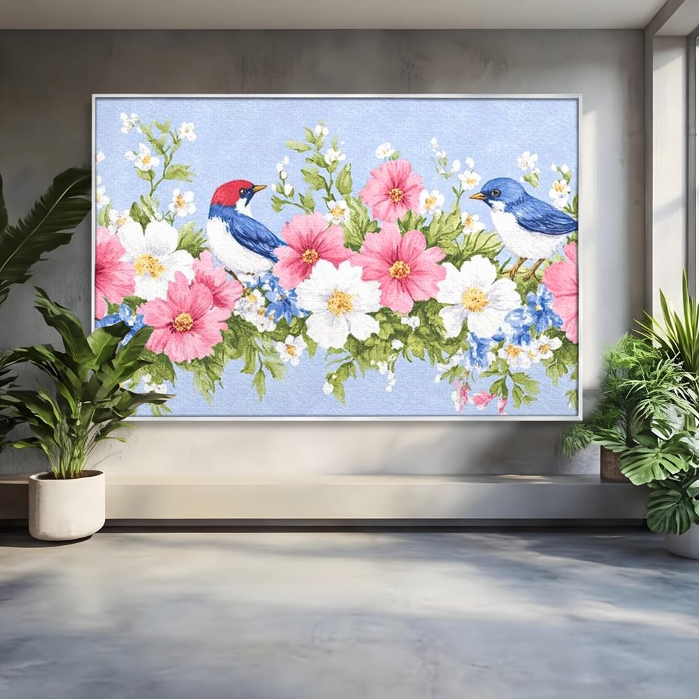Tablou Canvas Premium, LuxCanva® M1029, Gradina cu Triluri Colorate, Lemn, Flori, Pastel, Pasari, Primavara, Pereche, Relaxare, Poezie, Birou, Living, Camera Copii