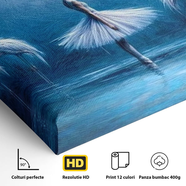 Leinwand Wandkunst Leinwand Wandkunst Premium, LuxCanva® M1030, Tanzen in der blauen Lagune, Ballerina, Ballerina, Mädchen, Flamingo, Vögel, Ballett, Tanzen, Wasser, Wassertextur, Textur, Geschichte, Büro, Wohnzimmer, Kinderzimmer