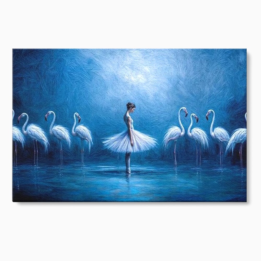 Leinwand Wandkunst Leinwand Wandkunst Premium, LuxCanva® M1030, Tanzen in der blauen Lagune, Ballerina, Ballerina, Mädchen, Flamingo, Vögel, Ballett, Tanzen, Wasser, Wassertextur, Textur, Geschichte, Büro, Wohnzimmer, Kinderzimmer