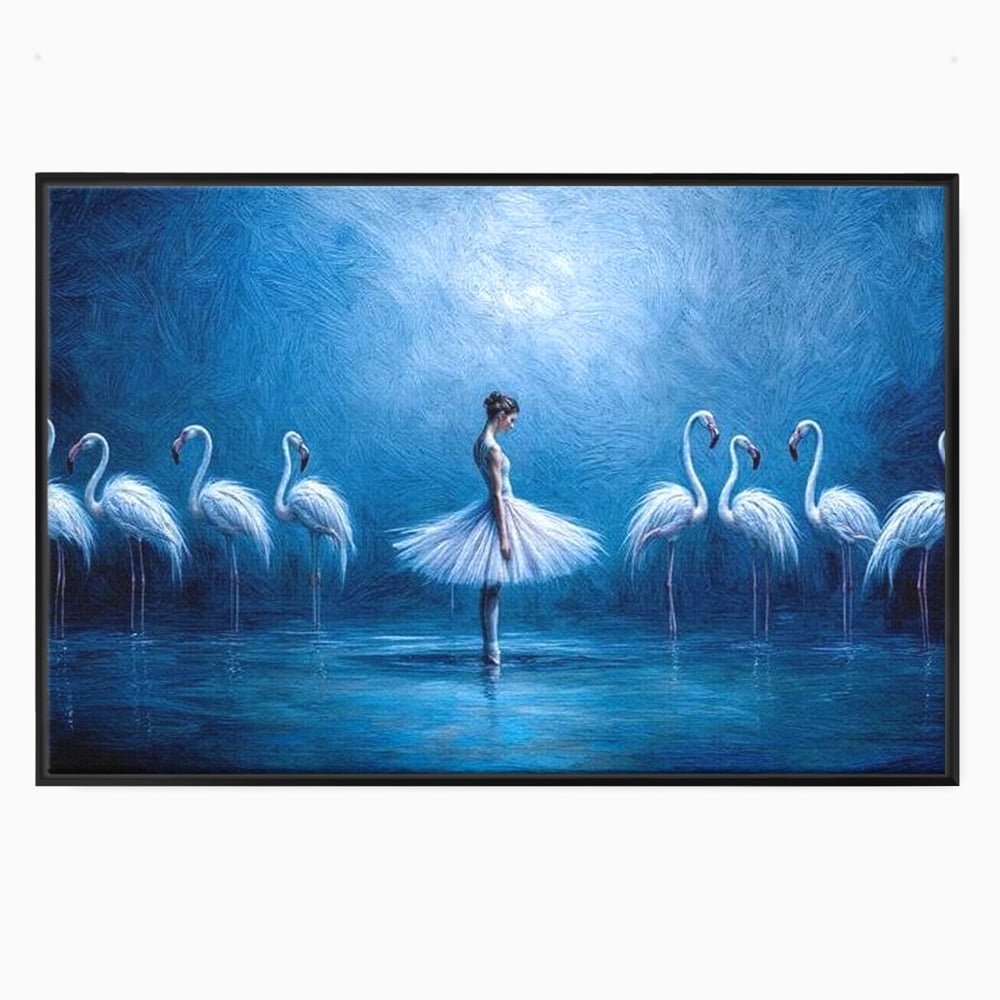 Leinwand Wandkunst Leinwand Wandkunst Premium, LuxCanva® M1030, Tanzen in der blauen Lagune, Ballerina, Ballerina, Mädchen, Flamingo, Vögel, Ballett, Tanzen, Wasser, Wassertextur, Textur, Geschichte, Büro, Wohnzimmer, Kinderzimmer