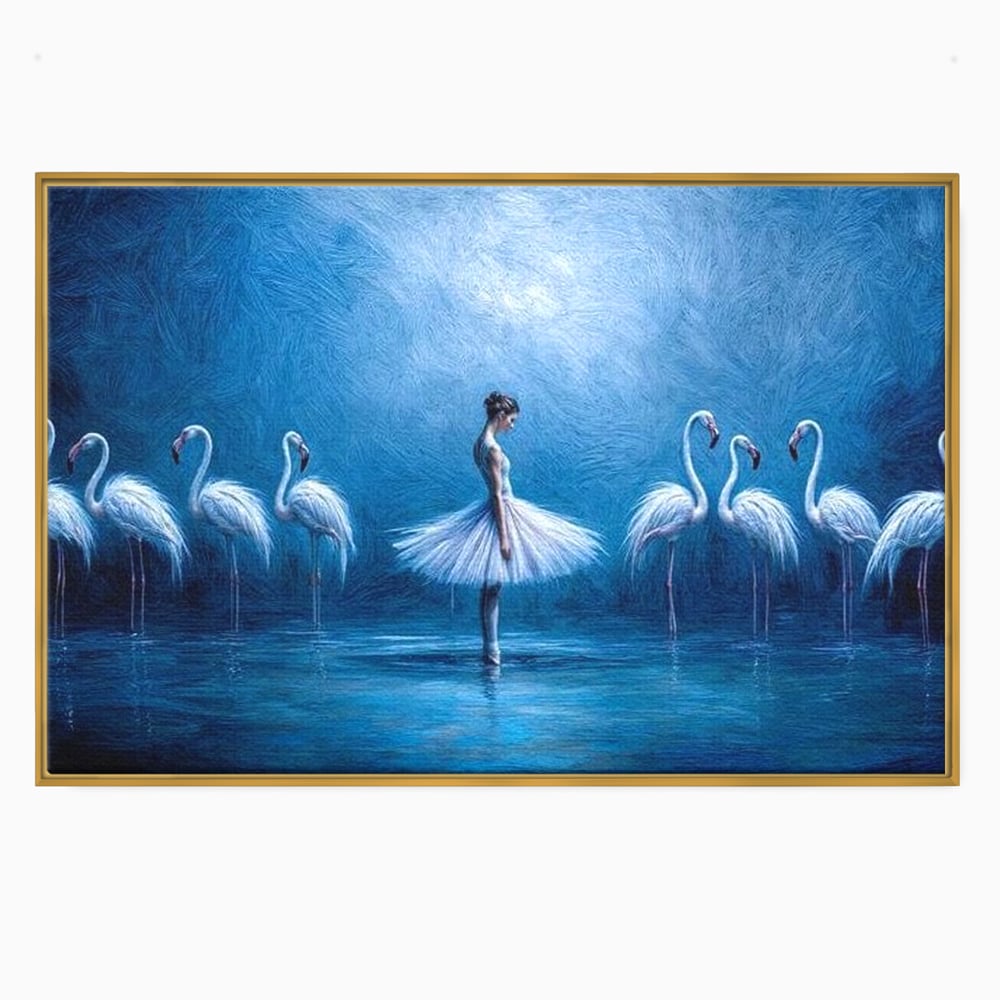 Leinwand Wandkunst Leinwand Wandkunst Premium, LuxCanva® M1030, Tanzen in der blauen Lagune, Ballerina, Ballerina, Mädchen, Flamingo, Vögel, Ballett, Tanzen, Wasser, Wassertextur, Textur, Geschichte, Büro, Wohnzimmer, Kinderzimmer