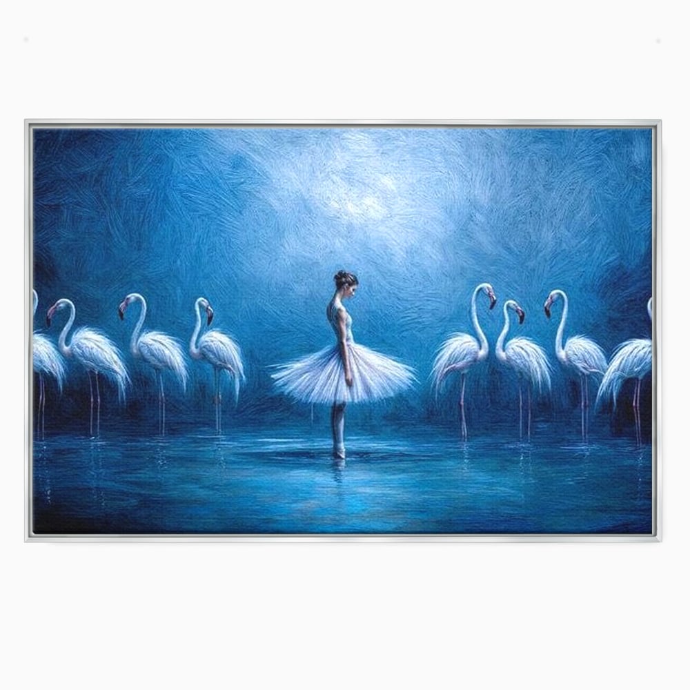 Leinwand Wandkunst Leinwand Wandkunst Premium, LuxCanva® M1030, Tanzen in der blauen Lagune, Ballerina, Ballerina, Mädchen, Flamingo, Vögel, Ballett, Tanzen, Wasser, Wassertextur, Textur, Geschichte, Büro, Wohnzimmer, Kinderzimmer