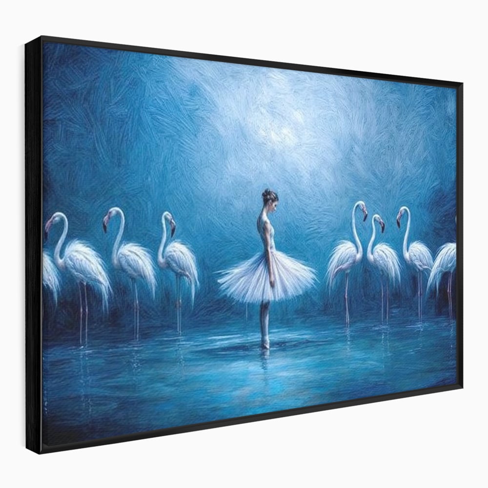 Leinwand Wandkunst Leinwand Wandkunst Premium, LuxCanva® M1030, Tanzen in der blauen Lagune, Ballerina, Ballerina, Mädchen, Flamingo, Vögel, Ballett, Tanzen, Wasser, Wassertextur, Textur, Geschichte, Büro, Wohnzimmer, Kinderzimmer