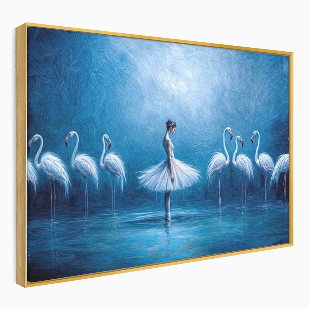 Leinwand Wandkunst Leinwand Wandkunst Premium, LuxCanva® M1030, Tanzen in der blauen Lagune, Ballerina, Ballerina, Mädchen, Flamingo, Vögel, Ballett, Tanzen, Wasser, Wassertextur, Textur, Geschichte, Büro, Wohnzimmer, Kinderzimmer