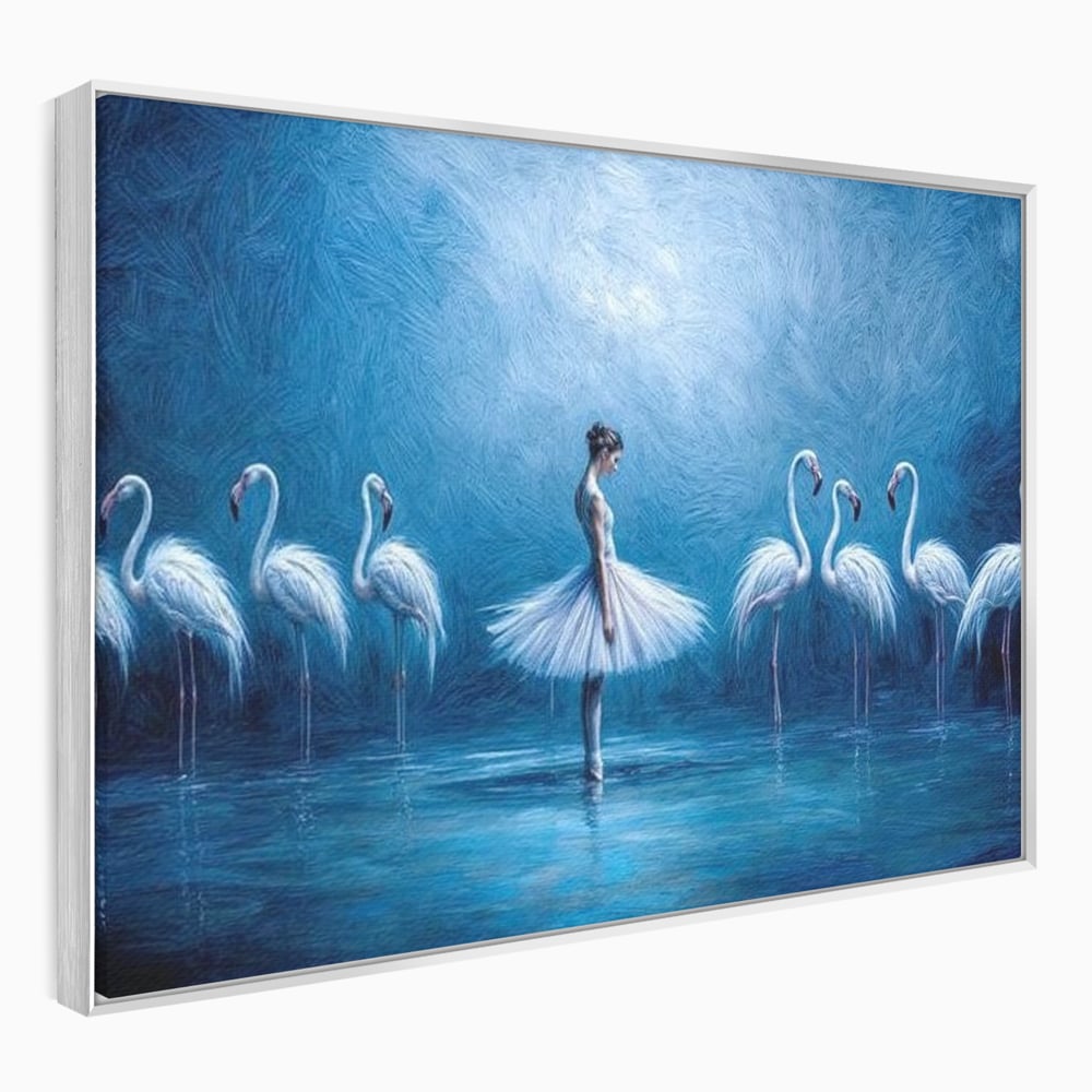 Leinwand Wandkunst Leinwand Wandkunst Premium, LuxCanva® M1030, Tanzen in der blauen Lagune, Ballerina, Ballerina, Mädchen, Flamingo, Vögel, Ballett, Tanzen, Wasser, Wassertextur, Textur, Geschichte, Büro, Wohnzimmer, Kinderzimmer