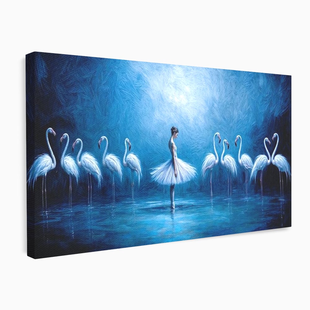 Leinwand Wandkunst Leinwand Wandkunst Premium, LuxCanva® M1030, Tanzen in der blauen Lagune, Ballerina, Ballerina, Mädchen, Flamingo, Vögel, Ballett, Tanzen, Wasser, Wassertextur, Textur, Geschichte, Büro, Wohnzimmer, Kinderzimmer