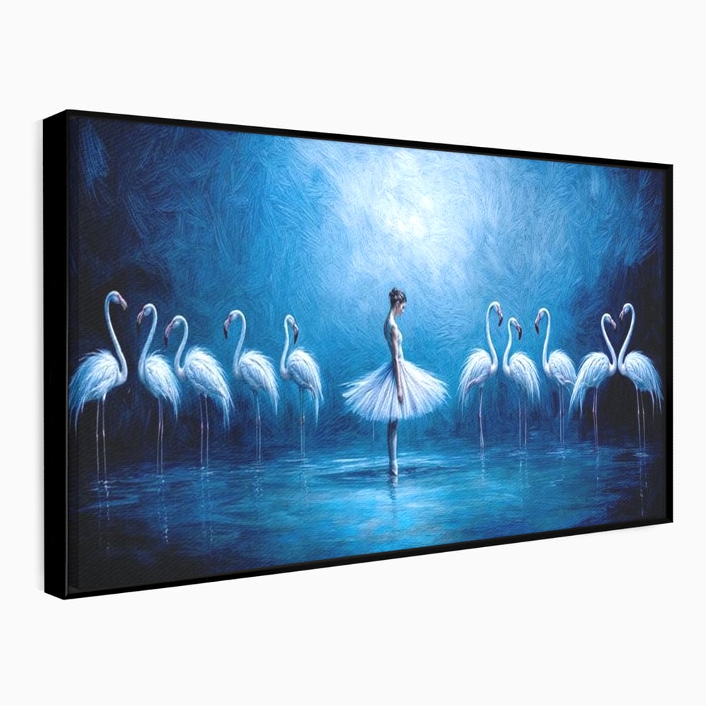 Leinwand Wandkunst Leinwand Wandkunst Premium, LuxCanva® M1030, Tanzen in der blauen Lagune, Ballerina, Ballerina, Mädchen, Flamingo, Vögel, Ballett, Tanzen, Wasser, Wassertextur, Textur, Geschichte, Büro, Wohnzimmer, Kinderzimmer