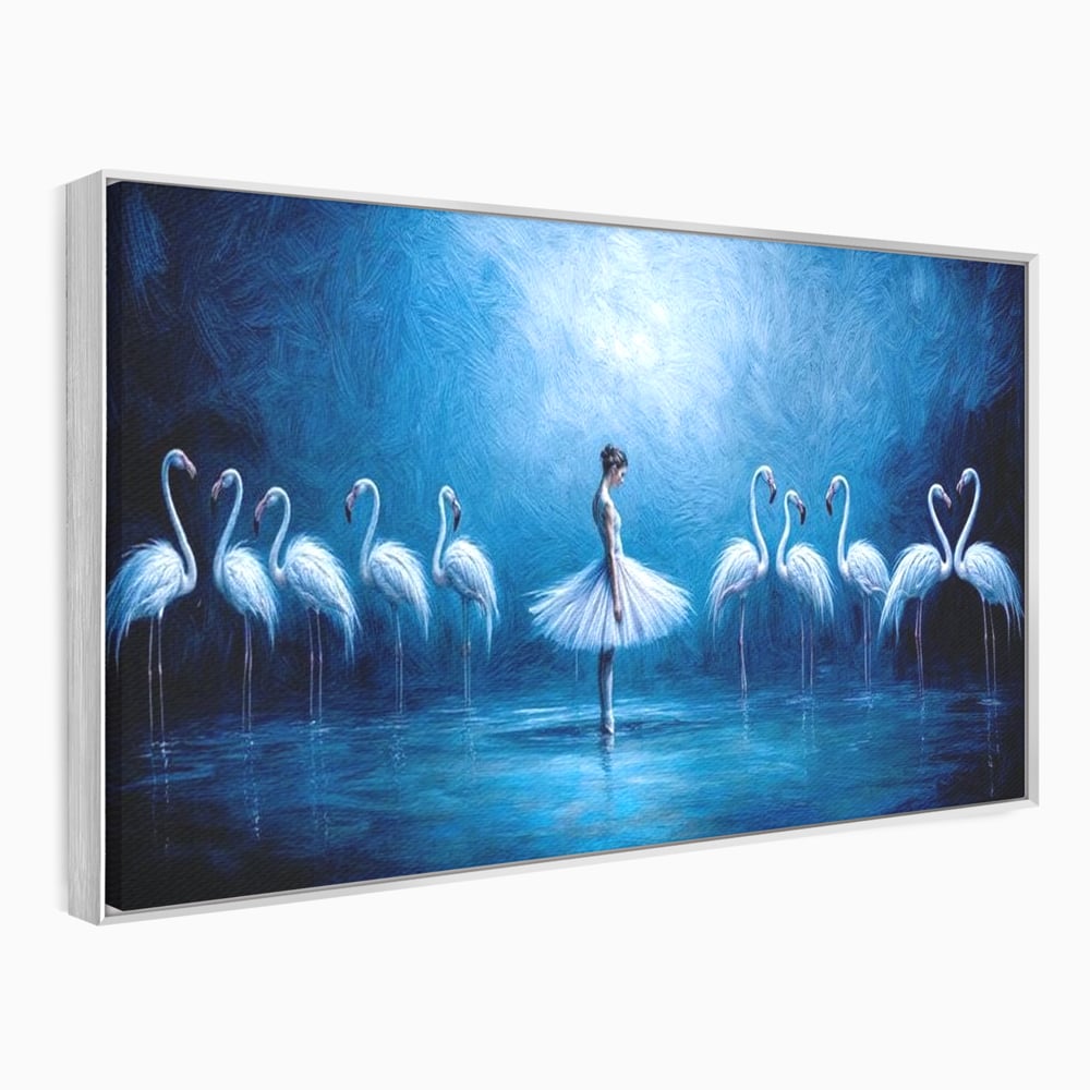 Leinwand Wandkunst Leinwand Wandkunst Premium, LuxCanva® M1030, Tanzen in der blauen Lagune, Ballerina, Ballerina, Mädchen, Flamingo, Vögel, Ballett, Tanzen, Wasser, Wassertextur, Textur, Geschichte, Büro, Wohnzimmer, Kinderzimmer