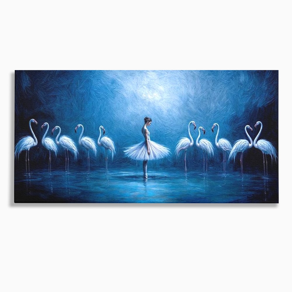 Leinwand Wandkunst Leinwand Wandkunst Premium, LuxCanva® M1030, Tanzen in der blauen Lagune, Ballerina, Ballerina, Mädchen, Flamingo, Vögel, Ballett, Tanzen, Wasser, Wassertextur, Textur, Geschichte, Büro, Wohnzimmer, Kinderzimmer