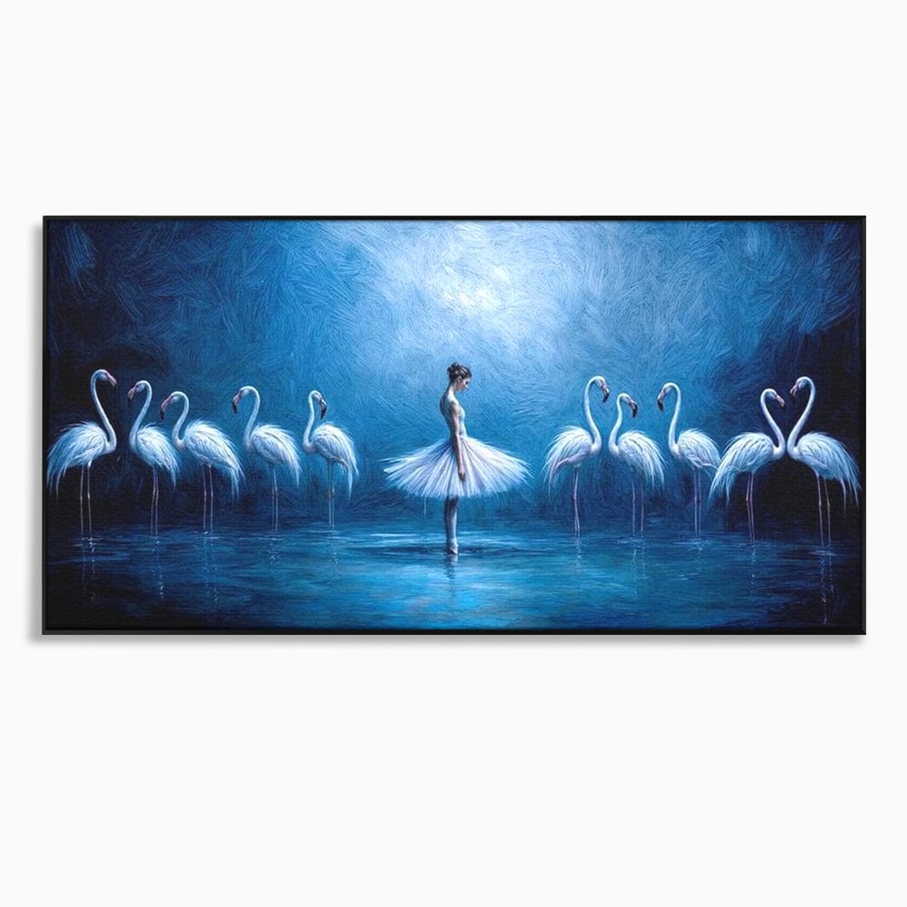 Leinwand Wandkunst Leinwand Wandkunst Premium, LuxCanva® M1030, Tanzen in der blauen Lagune, Ballerina, Ballerina, Mädchen, Flamingo, Vögel, Ballett, Tanzen, Wasser, Wassertextur, Textur, Geschichte, Büro, Wohnzimmer, Kinderzimmer