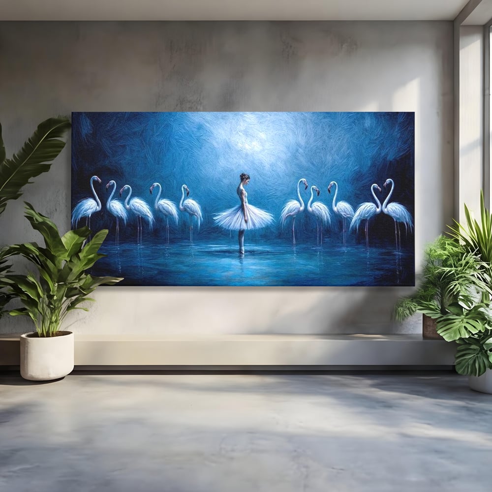 Leinwand Wandkunst Leinwand Wandkunst Premium, LuxCanva® M1030, Tanzen in der blauen Lagune, Ballerina, Ballerina, Mädchen, Flamingo, Vögel, Ballett, Tanzen, Wasser, Wassertextur, Textur, Geschichte, Büro, Wohnzimmer, Kinderzimmer