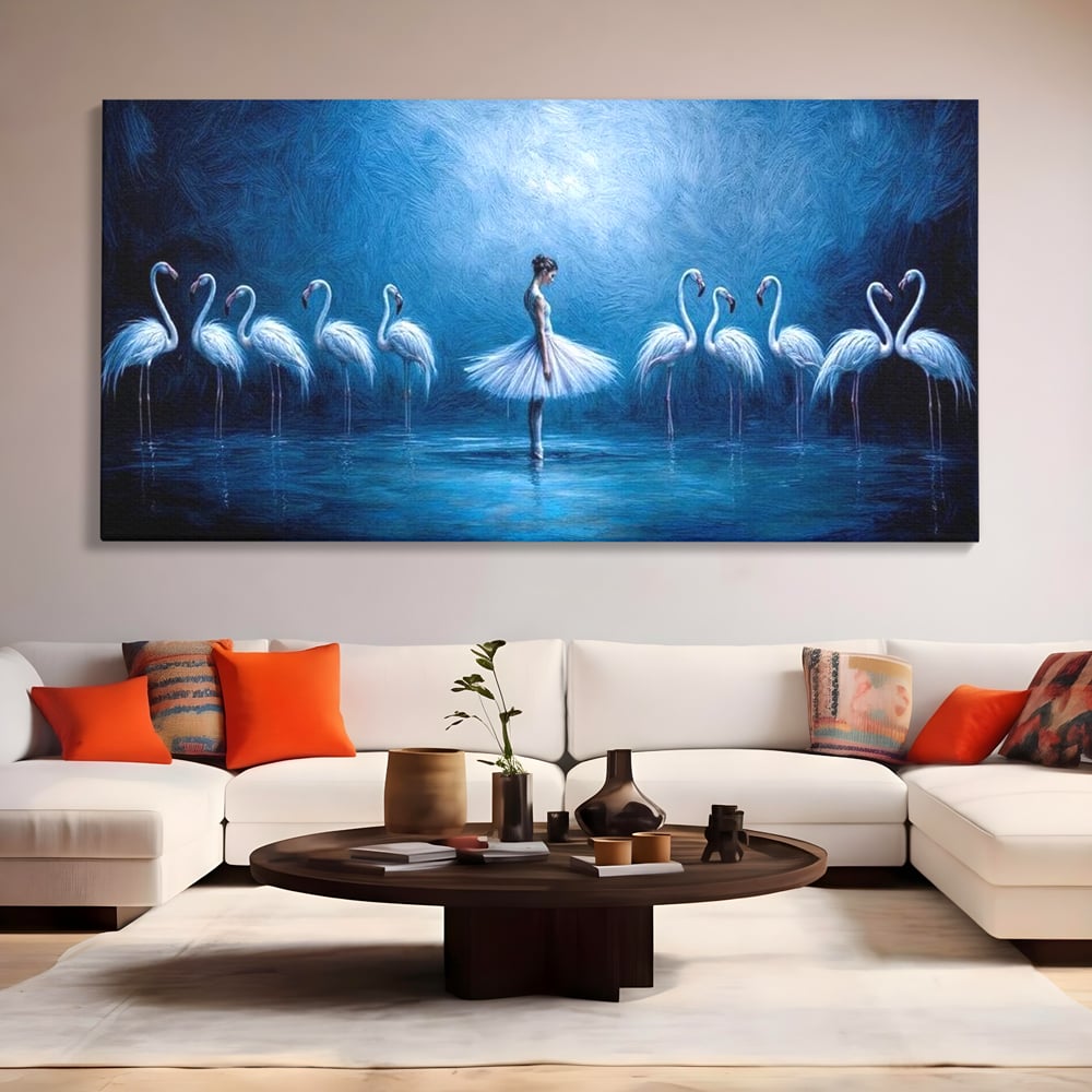 Leinwand Wandkunst Leinwand Wandkunst Premium, LuxCanva® M1030, Tanzen in der blauen Lagune, Ballerina, Ballerina, Mädchen, Flamingo, Vögel, Ballett, Tanzen, Wasser, Wassertextur, Textur, Geschichte, Büro, Wohnzimmer, Kinderzimmer
