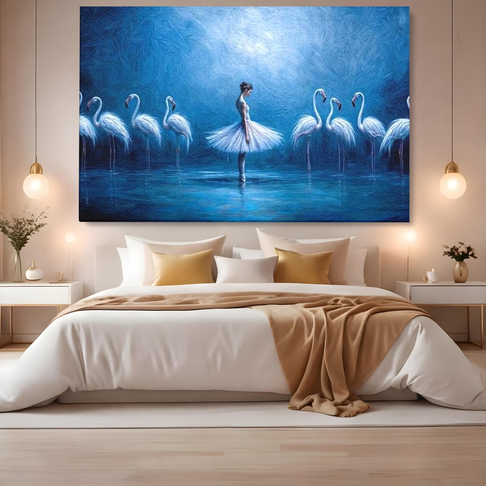 Leinwand Wandkunst Leinwand Wandkunst Premium, LuxCanva® M1030, Tanzen in der blauen Lagune, Ballerina, Ballerina, Mädchen, Flamingo, Vögel, Ballett, Tanzen, Wasser, Wassertextur, Textur, Geschichte, Büro, Wohnzimmer, Kinderzimmer