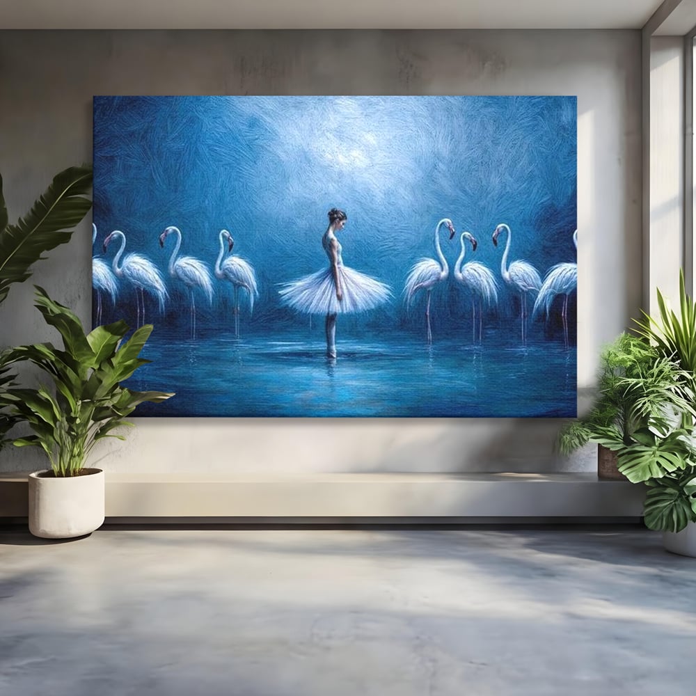 Leinwand Wandkunst Leinwand Wandkunst Premium, LuxCanva® M1030, Tanzen in der blauen Lagune, Ballerina, Ballerina, Mädchen, Flamingo, Vögel, Ballett, Tanzen, Wasser, Wassertextur, Textur, Geschichte, Büro, Wohnzimmer, Kinderzimmer