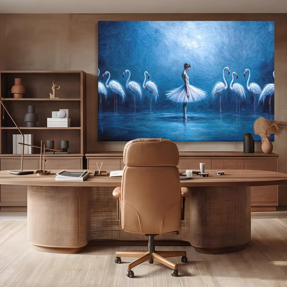 Leinwand Wandkunst Leinwand Wandkunst Premium, LuxCanva® M1030, Tanzen in der blauen Lagune, Ballerina, Ballerina, Mädchen, Flamingo, Vögel, Ballett, Tanzen, Wasser, Wassertextur, Textur, Geschichte, Büro, Wohnzimmer, Kinderzimmer