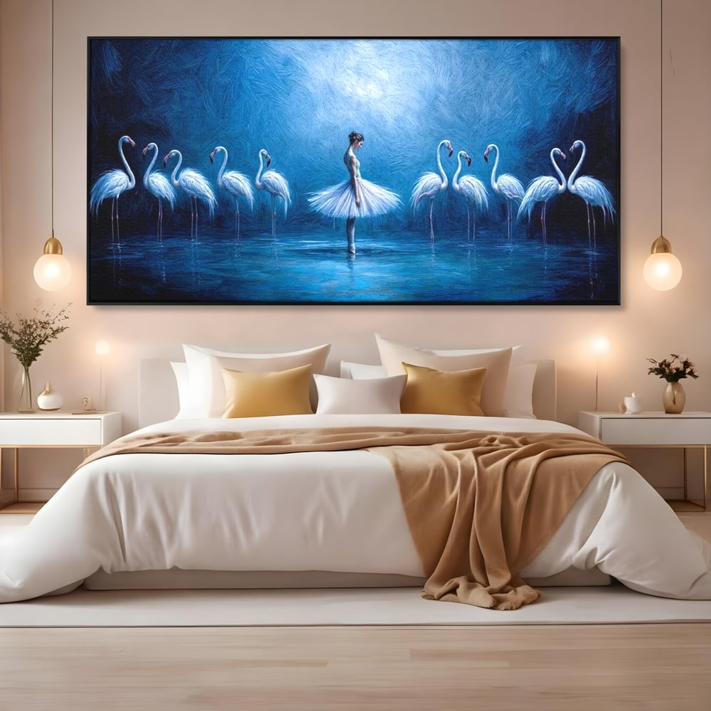 Leinwand Wandkunst Leinwand Wandkunst Premium, LuxCanva® M1030, Tanzen in der blauen Lagune, Ballerina, Ballerina, Mädchen, Flamingo, Vögel, Ballett, Tanzen, Wasser, Wassertextur, Textur, Geschichte, Büro, Wohnzimmer, Kinderzimmer