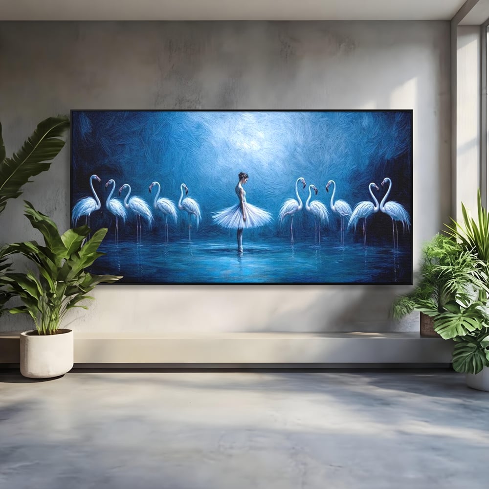 Leinwand Wandkunst Leinwand Wandkunst Premium, LuxCanva® M1030, Tanzen in der blauen Lagune, Ballerina, Ballerina, Mädchen, Flamingo, Vögel, Ballett, Tanzen, Wasser, Wassertextur, Textur, Geschichte, Büro, Wohnzimmer, Kinderzimmer