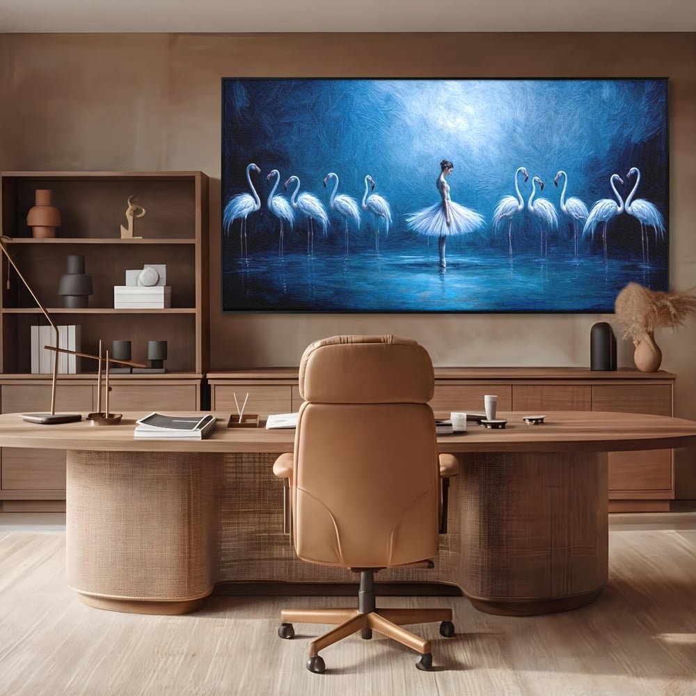 Leinwand Wandkunst Leinwand Wandkunst Premium, LuxCanva® M1030, Tanzen in der blauen Lagune, Ballerina, Ballerina, Mädchen, Flamingo, Vögel, Ballett, Tanzen, Wasser, Wassertextur, Textur, Geschichte, Büro, Wohnzimmer, Kinderzimmer