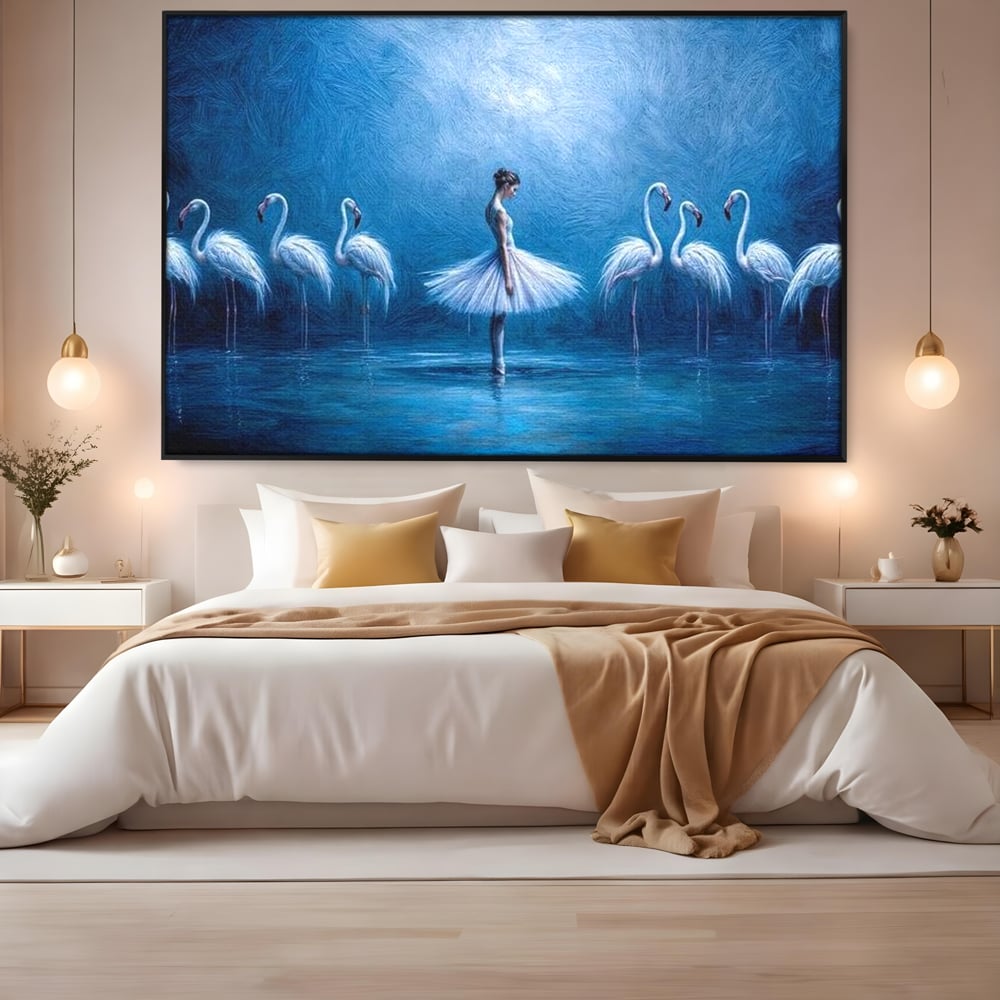 Leinwand Wandkunst Leinwand Wandkunst Premium, LuxCanva® M1030, Tanzen in der blauen Lagune, Ballerina, Ballerina, Mädchen, Flamingo, Vögel, Ballett, Tanzen, Wasser, Wassertextur, Textur, Geschichte, Büro, Wohnzimmer, Kinderzimmer