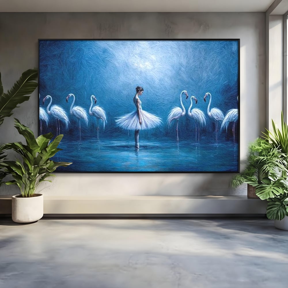 Leinwand Wandkunst Leinwand Wandkunst Premium, LuxCanva® M1030, Tanzen in der blauen Lagune, Ballerina, Ballerina, Mädchen, Flamingo, Vögel, Ballett, Tanzen, Wasser, Wassertextur, Textur, Geschichte, Büro, Wohnzimmer, Kinderzimmer