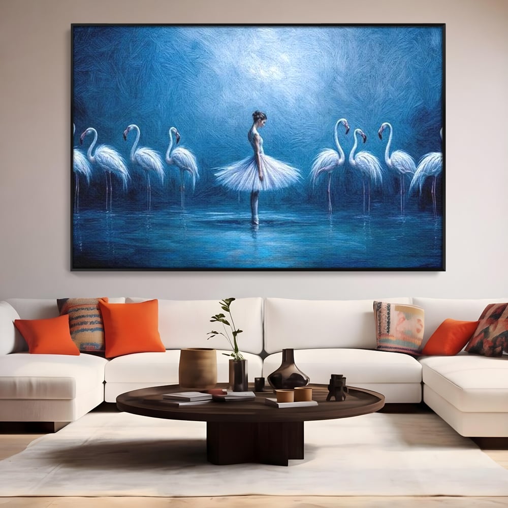 Leinwand Wandkunst Leinwand Wandkunst Premium, LuxCanva® M1030, Tanzen in der blauen Lagune, Ballerina, Ballerina, Mädchen, Flamingo, Vögel, Ballett, Tanzen, Wasser, Wassertextur, Textur, Geschichte, Büro, Wohnzimmer, Kinderzimmer