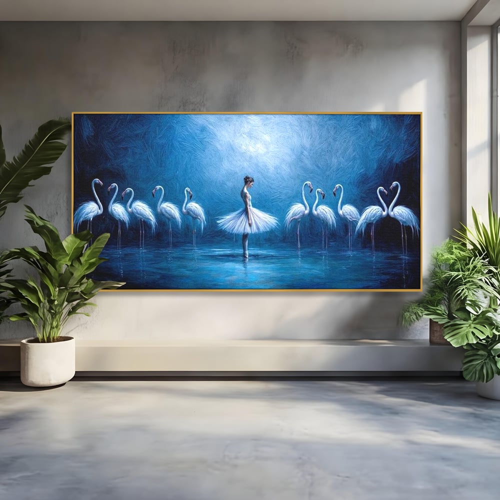 Leinwand Wandkunst Leinwand Wandkunst Premium, LuxCanva® M1030, Tanzen in der blauen Lagune, Ballerina, Ballerina, Mädchen, Flamingo, Vögel, Ballett, Tanzen, Wasser, Wassertextur, Textur, Geschichte, Büro, Wohnzimmer, Kinderzimmer