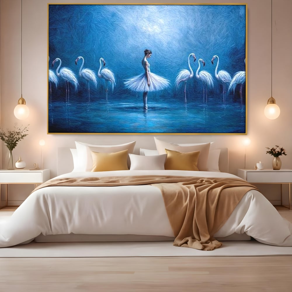 Leinwand Wandkunst Leinwand Wandkunst Premium, LuxCanva® M1030, Tanzen in der blauen Lagune, Ballerina, Ballerina, Mädchen, Flamingo, Vögel, Ballett, Tanzen, Wasser, Wassertextur, Textur, Geschichte, Büro, Wohnzimmer, Kinderzimmer