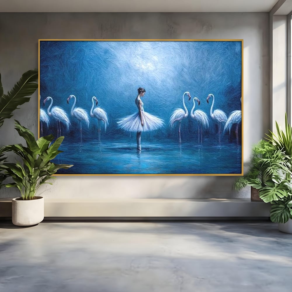 Leinwand Wandkunst Leinwand Wandkunst Premium, LuxCanva® M1030, Tanzen in der blauen Lagune, Ballerina, Ballerina, Mädchen, Flamingo, Vögel, Ballett, Tanzen, Wasser, Wassertextur, Textur, Geschichte, Büro, Wohnzimmer, Kinderzimmer