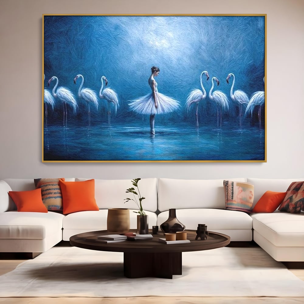 Leinwand Wandkunst Leinwand Wandkunst Premium, LuxCanva® M1030, Tanzen in der blauen Lagune, Ballerina, Ballerina, Mädchen, Flamingo, Vögel, Ballett, Tanzen, Wasser, Wassertextur, Textur, Geschichte, Büro, Wohnzimmer, Kinderzimmer