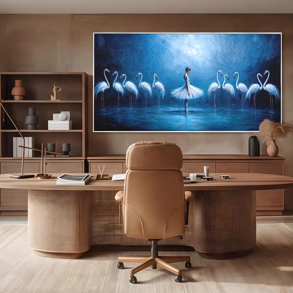 Leinwand Wandkunst Leinwand Wandkunst Premium, LuxCanva® M1030, Tanzen in der blauen Lagune, Ballerina, Ballerina, Mädchen, Flamingo, Vögel, Ballett, Tanzen, Wasser, Wassertextur, Textur, Geschichte, Büro, Wohnzimmer, Kinderzimmer
