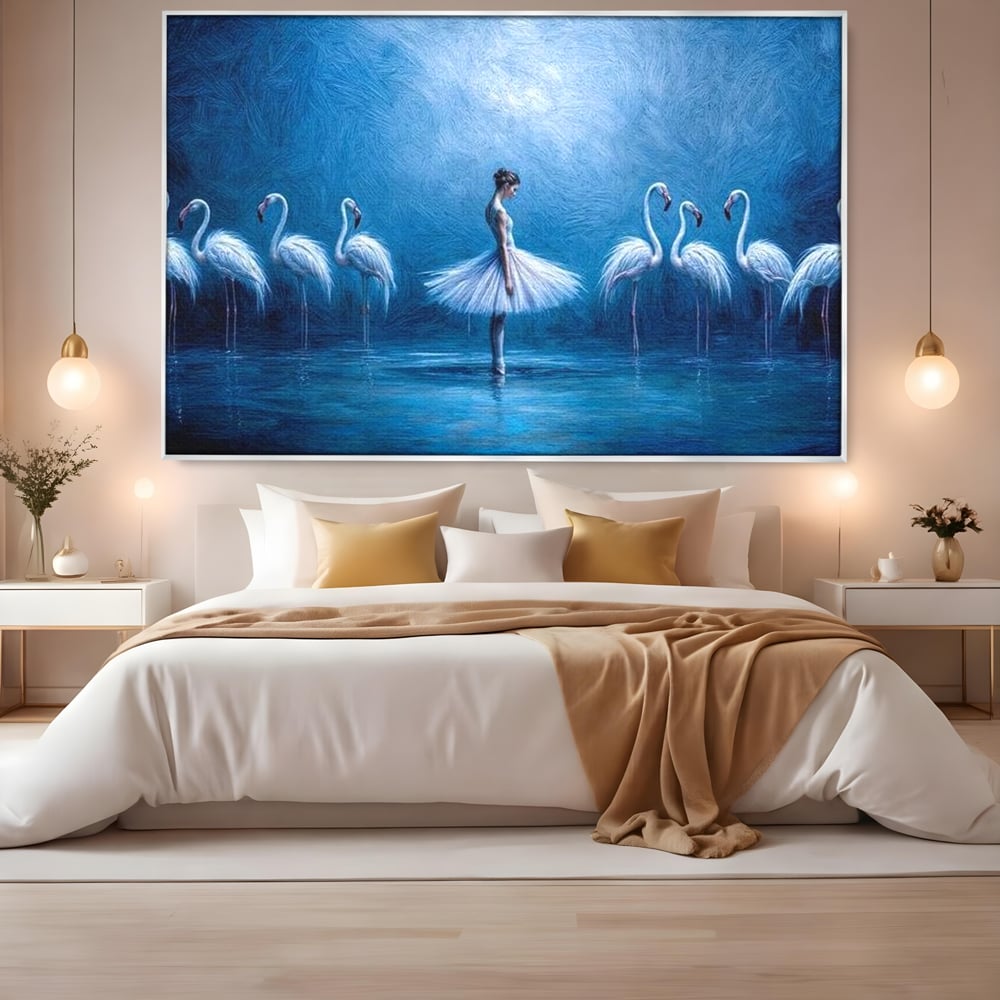 Leinwand Wandkunst Leinwand Wandkunst Premium, LuxCanva® M1030, Tanzen in der blauen Lagune, Ballerina, Ballerina, Mädchen, Flamingo, Vögel, Ballett, Tanzen, Wasser, Wassertextur, Textur, Geschichte, Büro, Wohnzimmer, Kinderzimmer