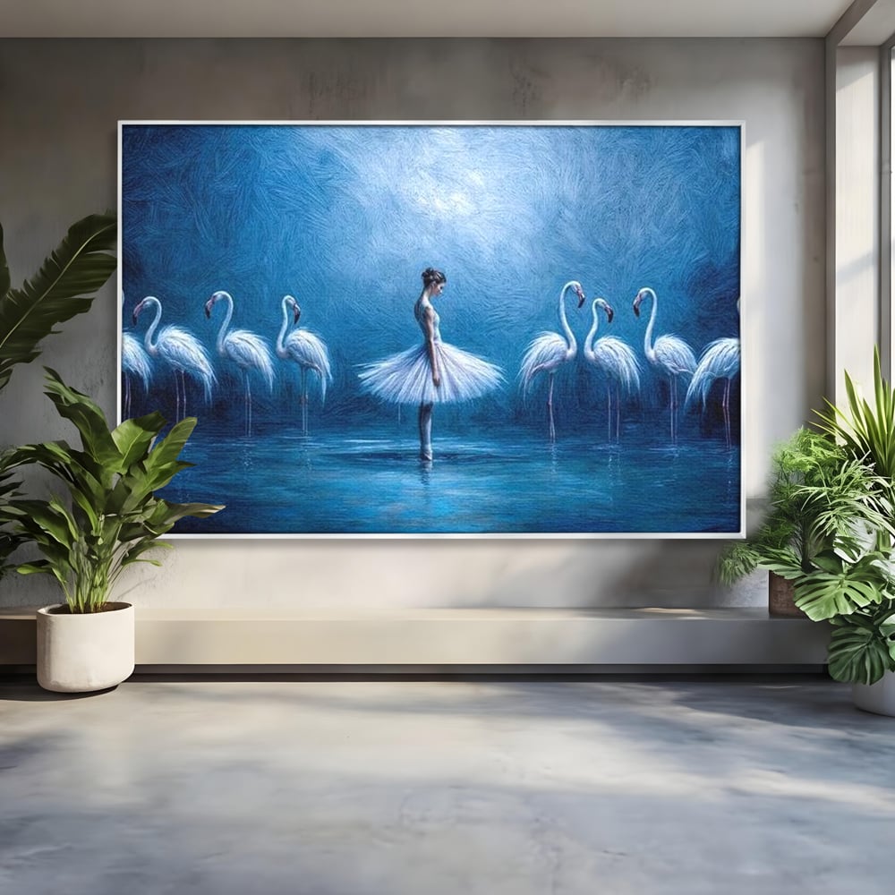 Leinwand Wandkunst Leinwand Wandkunst Premium, LuxCanva® M1030, Tanzen in der blauen Lagune, Ballerina, Ballerina, Mädchen, Flamingo, Vögel, Ballett, Tanzen, Wasser, Wassertextur, Textur, Geschichte, Büro, Wohnzimmer, Kinderzimmer
