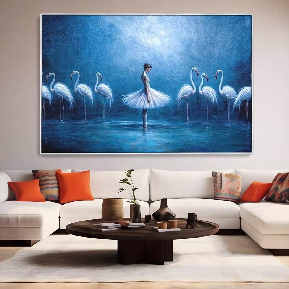 Leinwand Wandkunst Leinwand Wandkunst Premium, LuxCanva® M1030, Tanzen in der blauen Lagune, Ballerina, Ballerina, Mädchen, Flamingo, Vögel, Ballett, Tanzen, Wasser, Wassertextur, Textur, Geschichte, Büro, Wohnzimmer, Kinderzimmer