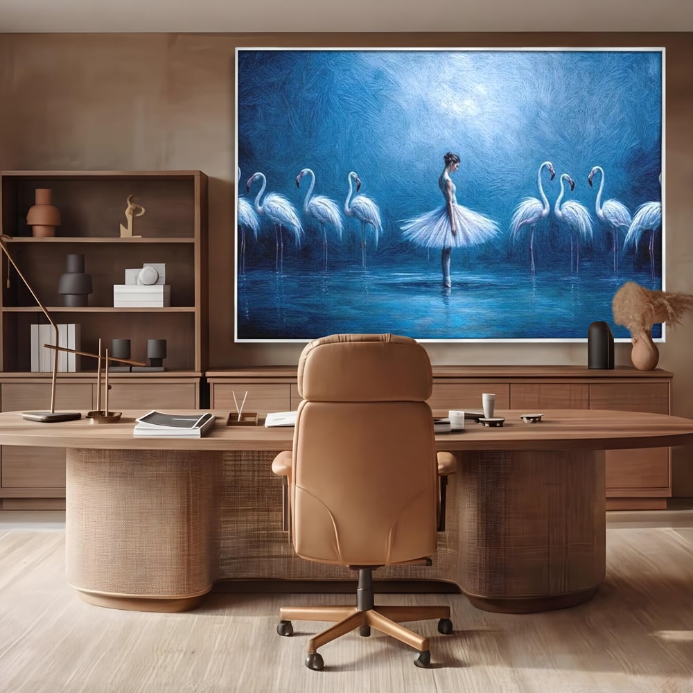 Leinwand Wandkunst Leinwand Wandkunst Premium, LuxCanva® M1030, Tanzen in der blauen Lagune, Ballerina, Ballerina, Mädchen, Flamingo, Vögel, Ballett, Tanzen, Wasser, Wassertextur, Textur, Geschichte, Büro, Wohnzimmer, Kinderzimmer
