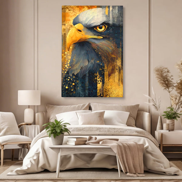 Tablou Canvas Premium, LuxCanva® M1031, Colosul Privirii, Vultur, Acvila, Putere, Privire, Auriu, Profil, Portret, Motivational, Simbolic, Birou, Living, Camera Copil