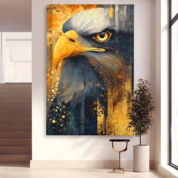 Tablou Canvas Premium, LuxCanva® M1031, Colosul Privirii, Vultur, Acvila, Putere, Privire, Auriu, Profil, Portret, Motivational, Simbolic, Birou, Living, Camera Copil