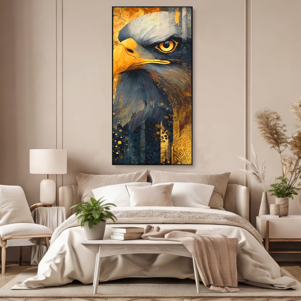 Tablou Canvas Premium, LuxCanva® M1031, Colosul Privirii, Vultur, Acvila, Putere, Privire, Auriu, Profil, Portret, Motivational, Simbolic, Birou, Living, Camera Copil