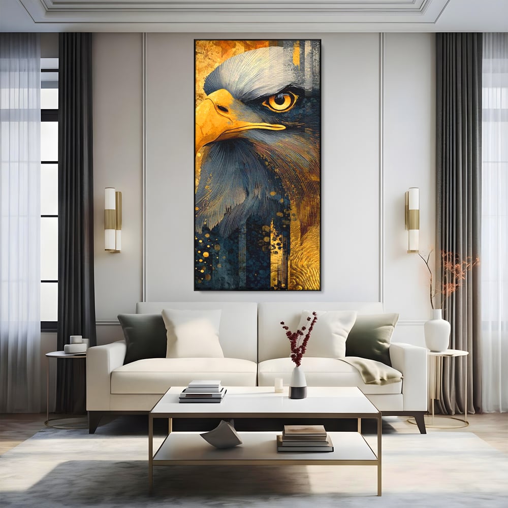 Tablou Canvas Premium, LuxCanva® M1031, Colosul Privirii, Vultur, Acvila, Putere, Privire, Auriu, Profil, Portret, Motivational, Simbolic, Birou, Living, Camera Copil