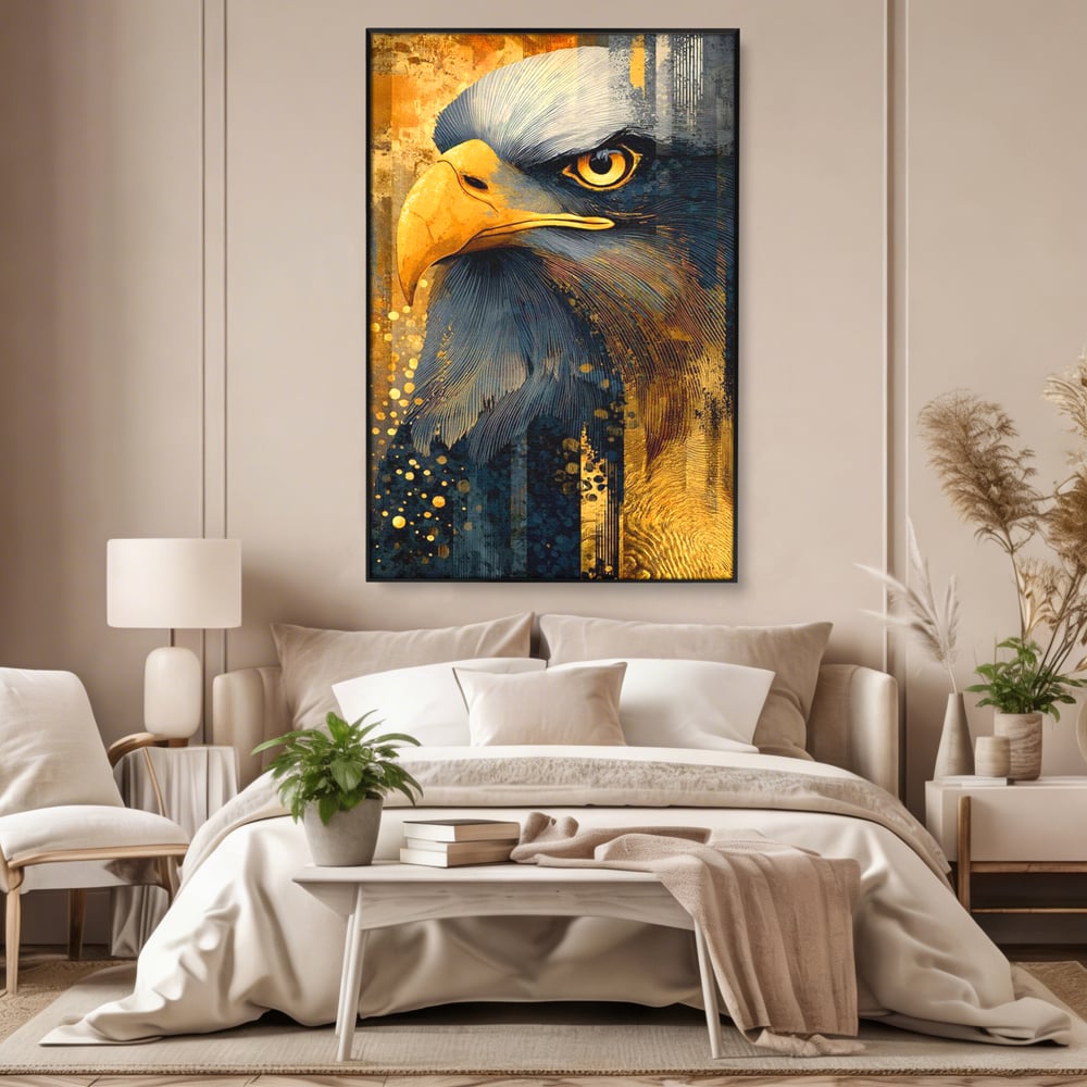 Tablou Canvas Premium, LuxCanva® M1031, Colosul Privirii, Vultur, Acvila, Putere, Privire, Auriu, Profil, Portret, Motivational, Simbolic, Birou, Living, Camera Copil
