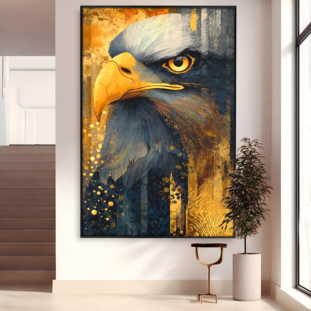 Tablou Canvas Premium, LuxCanva® M1031, Colosul Privirii, Vultur, Acvila, Putere, Privire, Auriu, Profil, Portret, Motivational, Simbolic, Birou, Living, Camera Copil