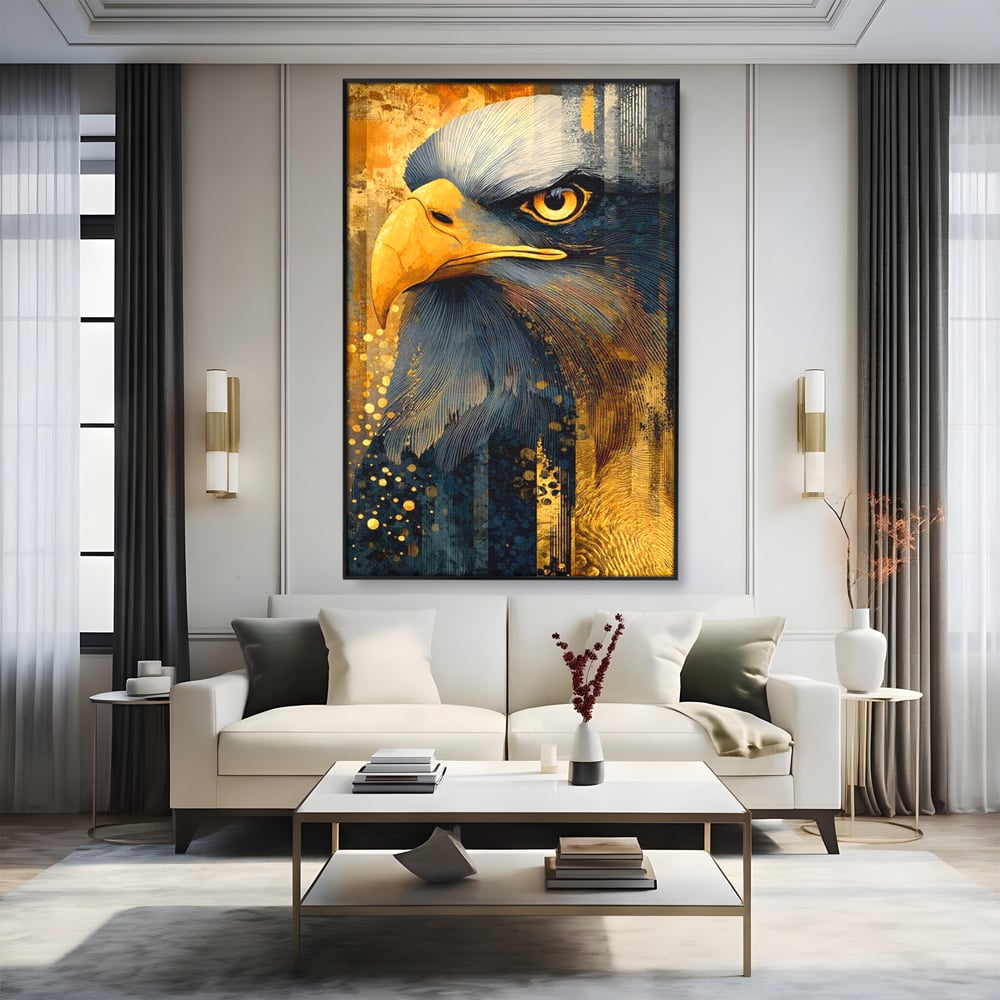 Tablou Canvas Premium, LuxCanva® M1031, Colosul Privirii, Vultur, Acvila, Putere, Privire, Auriu, Profil, Portret, Motivational, Simbolic, Birou, Living, Camera Copil