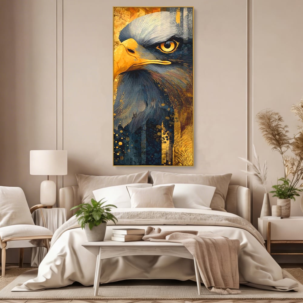 Tablou Canvas Premium, LuxCanva® M1031, Colosul Privirii, Vultur, Acvila, Putere, Privire, Auriu, Profil, Portret, Motivational, Simbolic, Birou, Living, Camera Copil