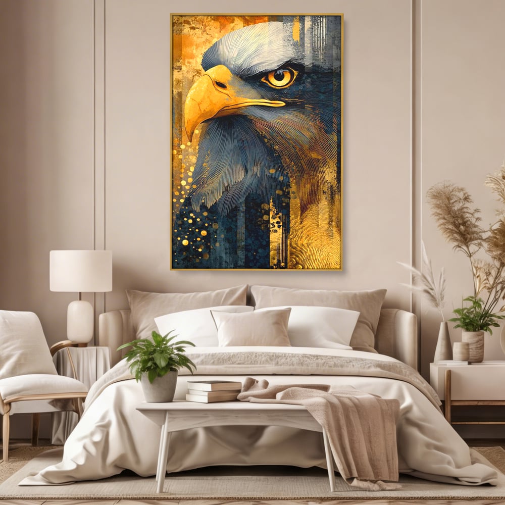 Tablou Canvas Premium, LuxCanva® M1031, Colosul Privirii, Vultur, Acvila, Putere, Privire, Auriu, Profil, Portret, Motivational, Simbolic, Birou, Living, Camera Copil