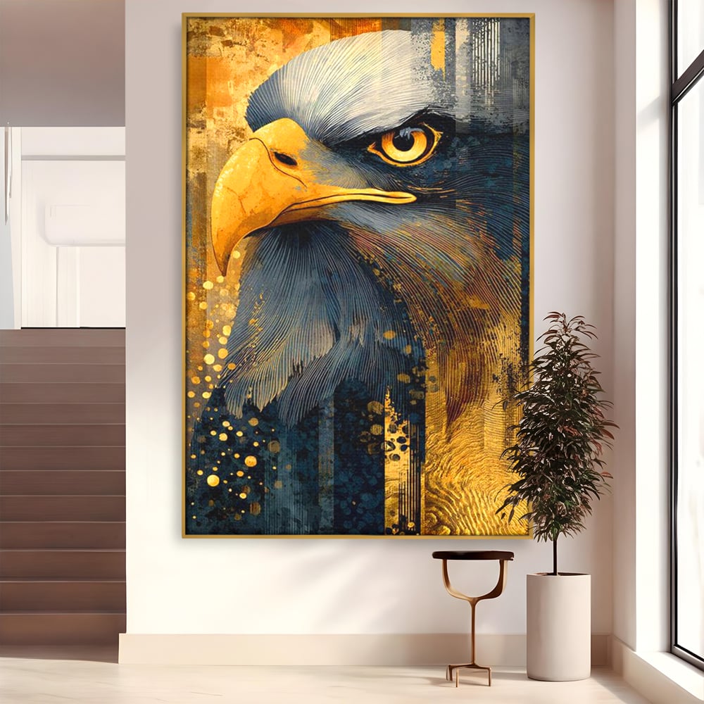 Tablou Canvas Premium, LuxCanva® M1031, Colosul Privirii, Vultur, Acvila, Putere, Privire, Auriu, Profil, Portret, Motivational, Simbolic, Birou, Living, Camera Copil