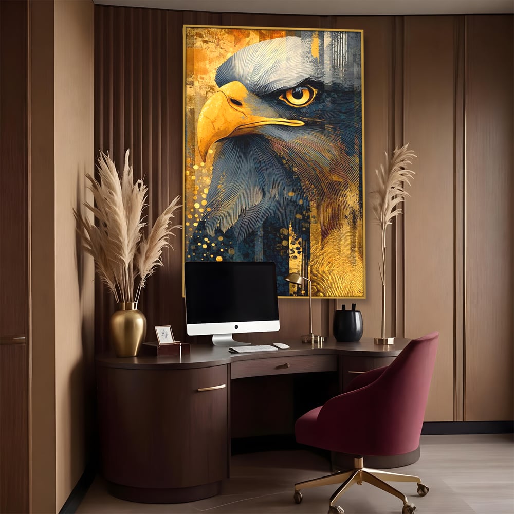 Tablou Canvas Premium, LuxCanva® M1031, Colosul Privirii, Vultur, Acvila, Putere, Privire, Auriu, Profil, Portret, Motivational, Simbolic, Birou, Living, Camera Copil