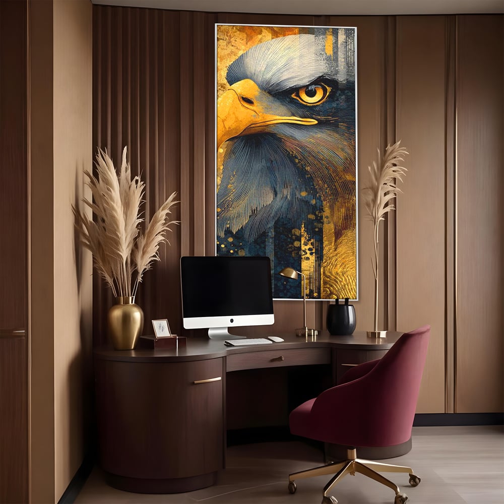 Tablou Canvas Premium, LuxCanva® M1031, Colosul Privirii, Vultur, Acvila, Putere, Privire, Auriu, Profil, Portret, Motivational, Simbolic, Birou, Living, Camera Copil