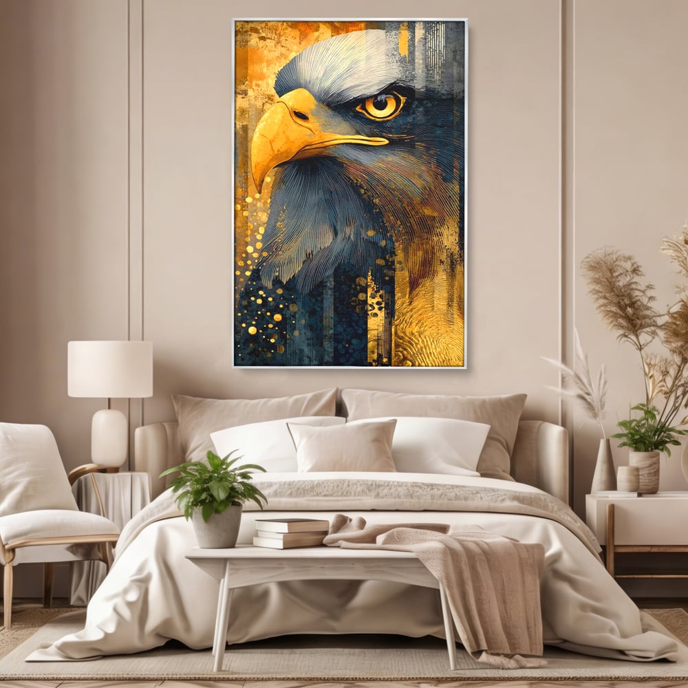 Tablou Canvas Premium, LuxCanva® M1031, Colosul Privirii, Vultur, Acvila, Putere, Privire, Auriu, Profil, Portret, Motivational, Simbolic, Birou, Living, Camera Copil